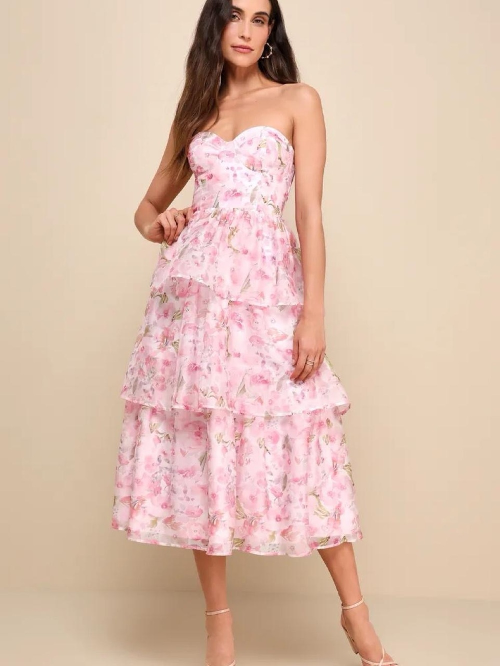 Lulu's Pink Floral Strapless Tiered Midi Dress